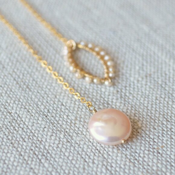 Pink Coin Pearl Lariat Necklace - Hand Made in Canada - Picture 1 of 10